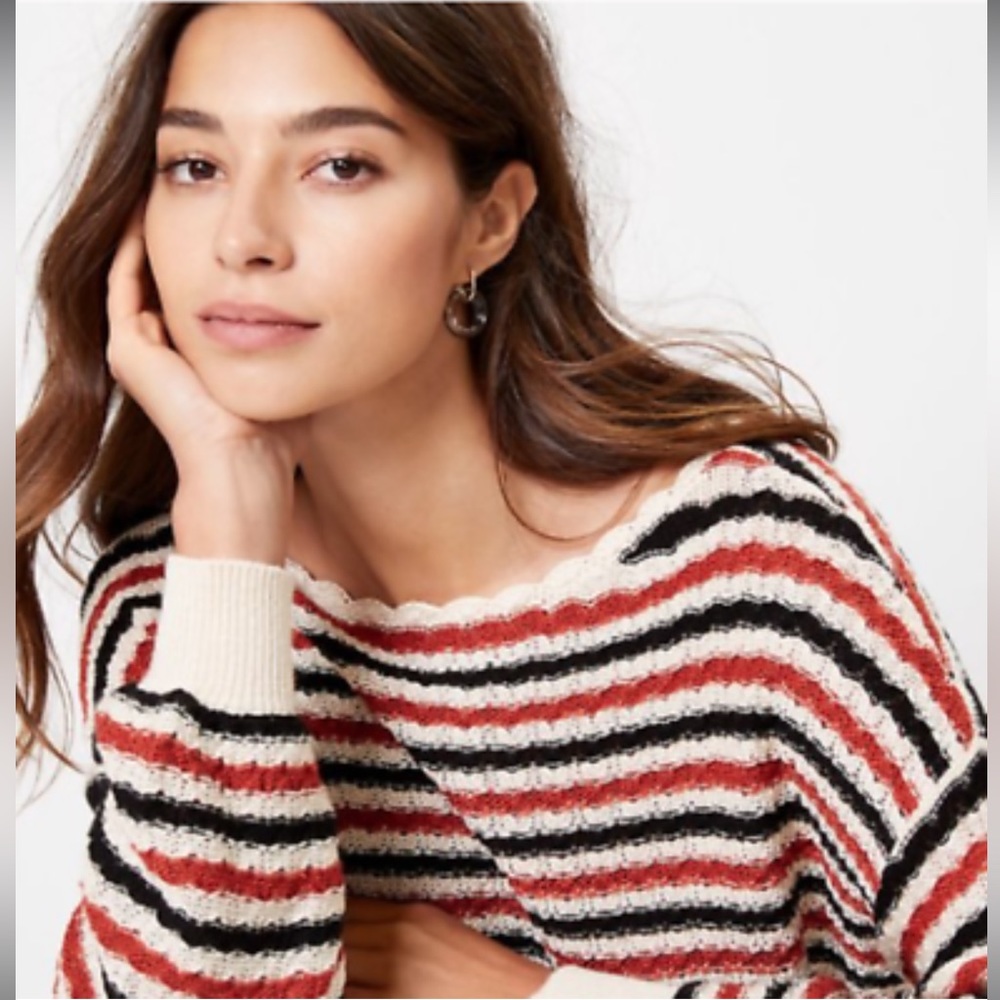 LOFT Women's Textured Striped Boatneck Slouchy Sweater, BOSSA NOVA RED